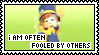 A stamp with a singular frame from the 'Peace and Tranquility' scene from A Hat in Time, captioned with black-on-white text:'i am often fooled by others'